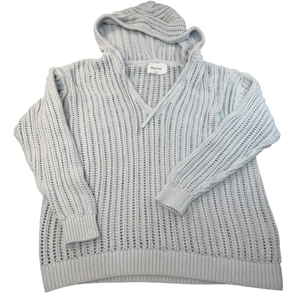 Wilfred Free Aritzia Womens XS Light Blue Open Knit Hooded Sweater Cotton Blend